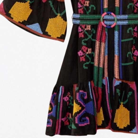 Farm Rio Jimena Cross Stitch Embroidered Mini Dress size small Black Pink  NEW Mini